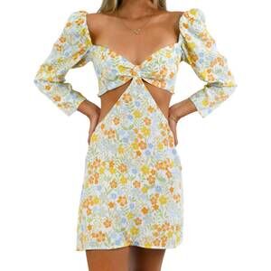 NEW SKY TO MOON floral dream open midriff dress with sleeves in white with orang